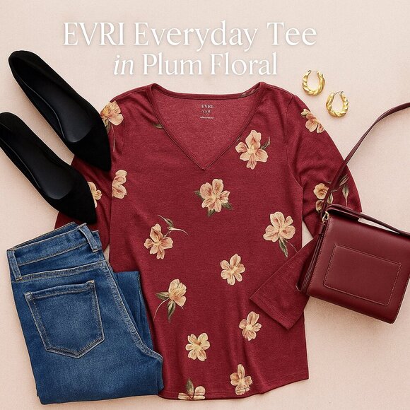 EVRI Everyday Tee Plum Floral V-Neck Long Sleeve Relaxed Fit Cotton Blend 2X - Picture 1 of 13